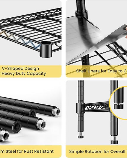 45" W Storage Shelves 5 Tier Wire Shelving with Shelf Liners, Adjustable Metal Garage Shelving, 1875LBS Heavy Duty Commercial Storage Rack for Pantry Kitchen, 45" W x 16" D x 72" H, Black