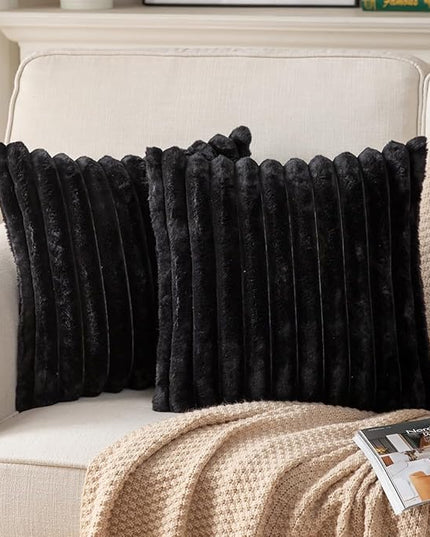 DEELAND Pack of 2,Double-Sided Faux Fur Plush Decorative Throw Pillow Covers Fuzzy Striped Soft Pillowcase Cushion Covers for Sofa Couch Bedroom Black 24x24 inch