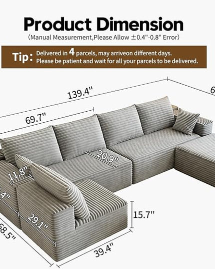 139.4" Modular Sectional Sofa, U-Shaped Minimalist Couches with Ottoman and Middle Seat, Modern Deep Seat Convertible Sleeper Sofa Bed, Reversible Chaise, Cloud Plush Corduroy Fabric,6 Seater, Grey