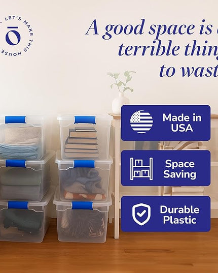 HOMZ 8-Pack Secure Latch, Clear Plastic Storage Organizer Bins, 31 Quart, Blue Latches - Stackable Container Boxes for Bedroom, Bathroom, Garage, and Office Organization