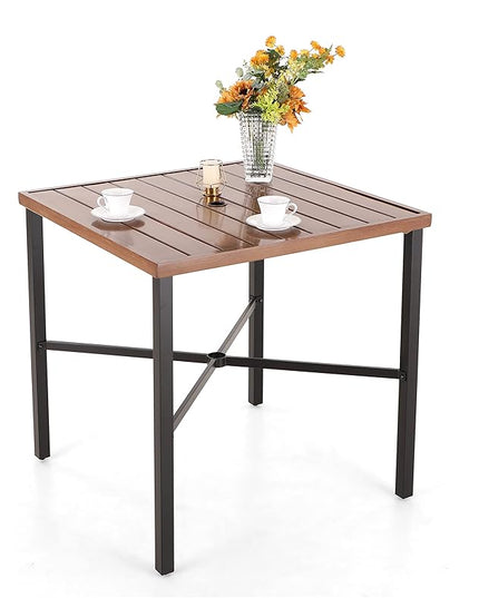 PHI VILLA 36"X36" Outdoor Metal Counter Height Table with 1.57" Umbrella Hole, Square Table with Teakwood-Brown Table Top and Black Table Legs for Outdoor and Indoor