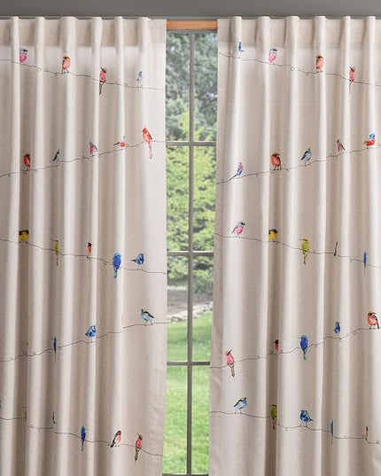 Maison d' Hermine Curtains for Living Room 100% Cotton 124 inch Length Two Panels Light Filtering Curtains for Bedroom Windows with Rod and Loop Pockets Drapes (Birdies On Wire, 50" W x 124" L)