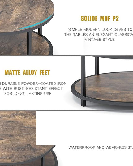 NSdirect 36 inches Round Coffee Table, Rustic Wooden Surface Top & Sturdy Metal Legs Industrial Sofa Table for Living Room Modern Design Home Furniture with Storage Open Shelf (Brown)