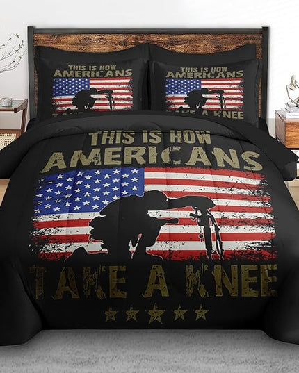 Comforter Set Queen Size, American Flag Military Gun 7 Pcs Bedding for Kids and Adults, Memorial America Army Bed Sheet Sets with Fitted Sheet 2 Pillowcases & 2 Shams