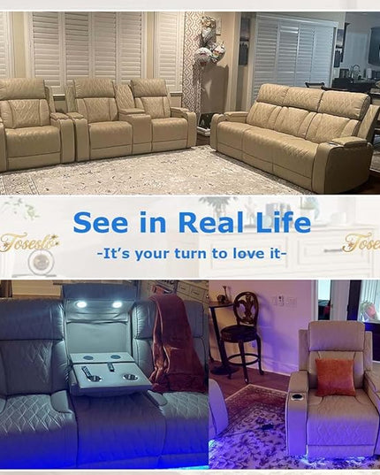 Power Recliner Loveseat Set, Beige Leather Reclining Sofa Sectional Couch, 2 Seater Reclining Couches, Living Room Furniture Sets, Reclining Sofa with Cup Holders/Storage Console for House