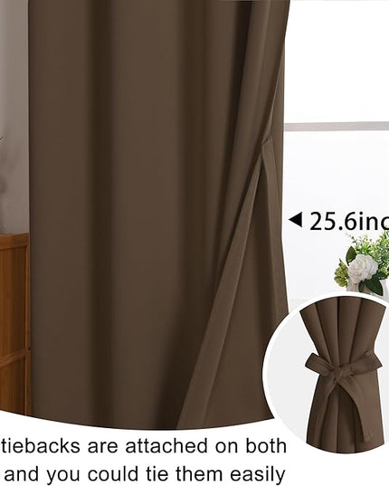JIUZHEN Brown Blackout Curtains with Tiebacks - Thermal Insulated, Light Blocking and Noise Reducing Grommet Curtains for Bedroom and Living Room, Set of 2 Window Curtain Panels, 60 x 63 Inch Length