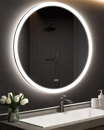 APRILSOUL 32 Inch Round LED Bathroom Vanity Mirror with Front and Backlit, Led Mirror with Anti-Fog, 3 Colors and Dimmable Light