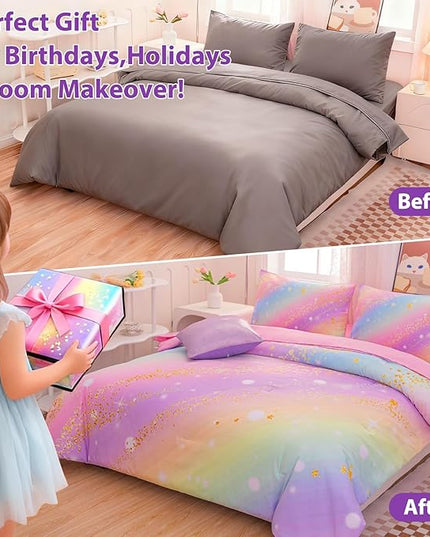 Rainbow Bedding Set Queen Size – 6-Piece Reversible Girls Comforter with Deep-Pocket Sheet, Gradient Galaxy Design, Whole-Piece Filling, Machine Washable Bed-in-a-Bag for Kids Room Makeover & Gifts