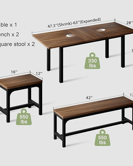 Feonase 5-Piece Dining Table Set for 4-8 People, 63" Extendable Kitchen Table with 2 Benches and 2 Square Stools, Mid-Century Modern Wooden Dining Room Table, Space-Saving, Walnut