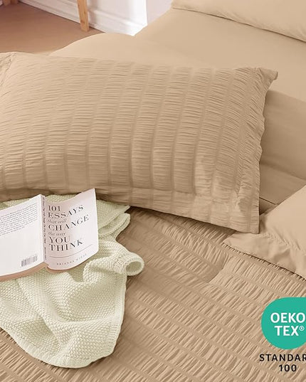 MUXHOMO 7 Pieces Full Comforter Set, Seersucker Bed in a Bag Full Size, All Season Luxury Bedding Set with Comforter, Flat Sheet, Fitted Sheet, Pillowcases & Shams, Khaki