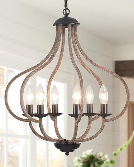 18‘’ Wood Farmhouse Chandelier, 6-Light Vintage Rustic Oak Brown Pendant Lights for Kitchen Island Lighting for Hallway Entryway Foyer Living Room Bedroom
