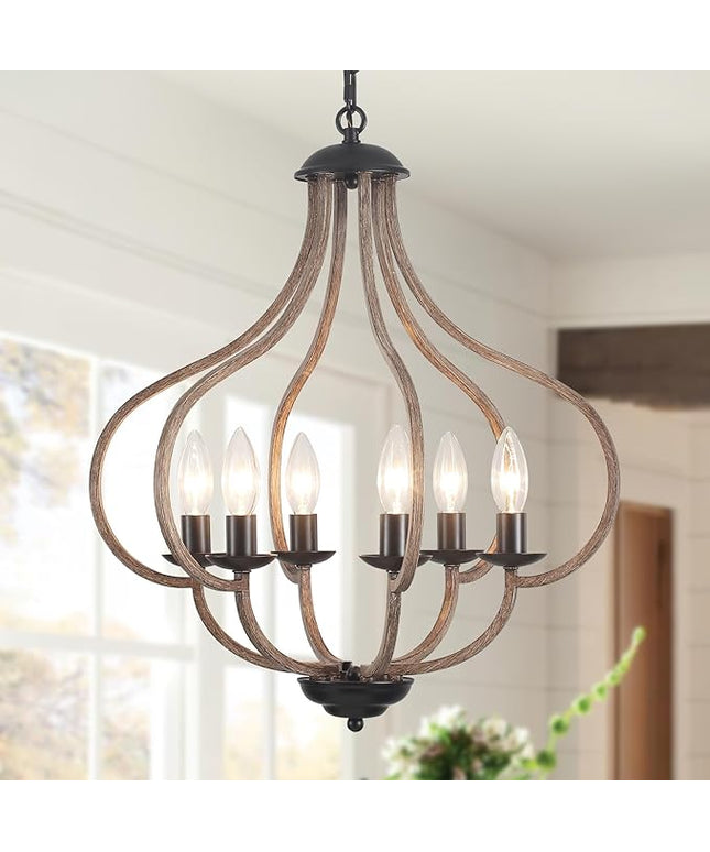 18‘’ Wood Farmhouse Chandelier, 6-Light Vintage Rustic Oak Brown Pendant Lights for Kitchen Island Lighting for Hallway Entryway Foyer Living Room Bedroom