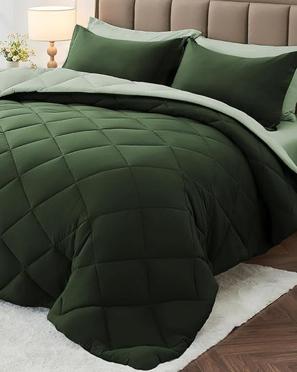 MUXHOMO 7 Pieces California King Comforter Set, Reversible Bed in a Bag Cal King Size, All Season Bedding Set with Comforter, Flat Sheet, Fitted Sheet, Pillowcases & Shams, Dark Green & Light Green
