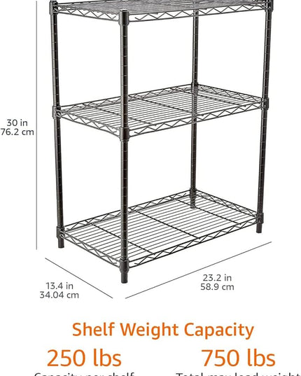 Amazon Basics 3-Shelf Adjustable Heavy Duty Steel Wire Rack Storage Shelving Organizer for Kitchen, Garage, 23.2" L x 13.4" W x 30" H, Black