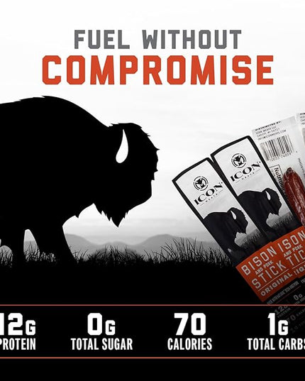 ICON Meats Bison and Pork Snack Sticks, Original Flavor, 24 Pack of High Protein Snacks, Sugar Free, Natural Jerky Meat Sticks, Gluten Free, USDA Inspected, Made in USA, Gifts or Stocking Stuffers