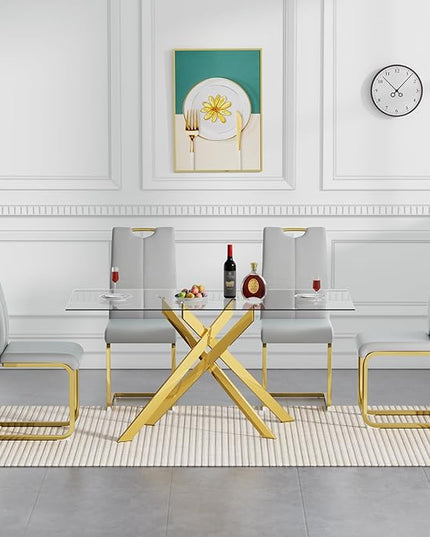 5 Piece Glass Dining Table Set, Gold Glass Kitchen Dining Room Table Set for 4, Modern 51" Rectangular Glass Metal Dining Table with 4 Grey Leather Dining Chairs for Kitchen Dining Room