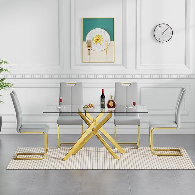 HomVent 5 Pieces Rectangular Glass Dining Table Table Set, Glass Kitchen Table Set for 4 with 4 PU Dining Chairs for Kitchen Dining Room