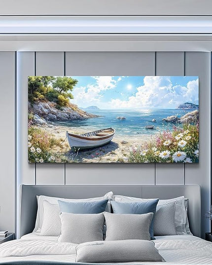 ZUITINGHUA Large Wall Decor For Living Room Canvas Wall Art For Office Modern Wall Decorations For Bedroom Seaside Boat Landscape Painting Farmhouse Pictures Artwork Room Home Decor 24x48 In