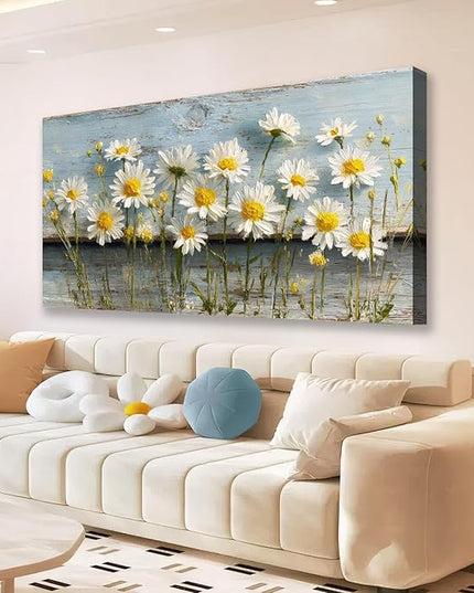 KZKU Rustic Daisy Canvas Wall Art-Large Floral Print on Weathered Blue Wood Background- Modern Farmhouse Decor for Living Room Bedroom 24X48in