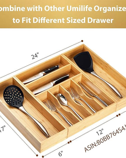 Umilife Bamboo Kitchen Utensils Organizer, Extra Long High Silverware Drawer Holder, Flatware Cutlery Storage Box, Multi-Use Drawer Divider in Office, Bathroom, Pantry - 17"x6"x2.5" (Set of 2)