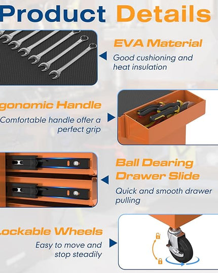 5-Drawers Tool Chest, 2-in-1 Rolling Tool Box with Wheels and Drawers, Detachable Storage Toolbox with Lock, Heavy-Duty Metal Tool Cart for Garage, Workshop (Orange)