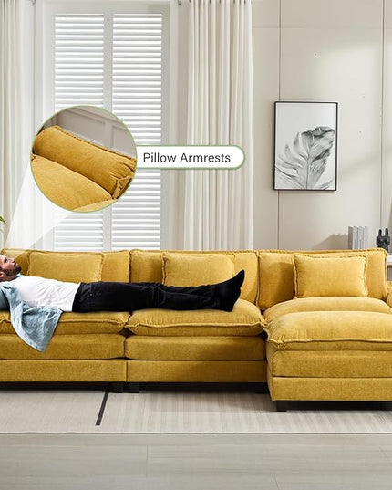 120" Modular Sectional Sofa, Comfy Cloud Couch Sectional Sofa with Ottoman, Chenille Sofa Sleeper Deep Seat Sofa with Throw Pillows for Living Room (Yellow, 120"- L Shape)