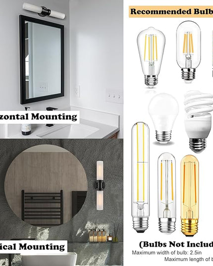 Modern Black Glass Wall Sconce 2-Light Cylinder Bathroom Wall Light Fixtures 20-Inch Frosted Glass Sconces Wall Lighting for Bedroom Living Room Hallway