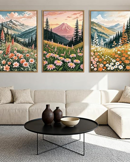 ANHUIB Extra Large Wildflower Wall Art Boho Wildflower Wall Decor 24x36 Inch Colorful Mountain Wall Art Set of 3 for Living Room Bedroom Dining Room