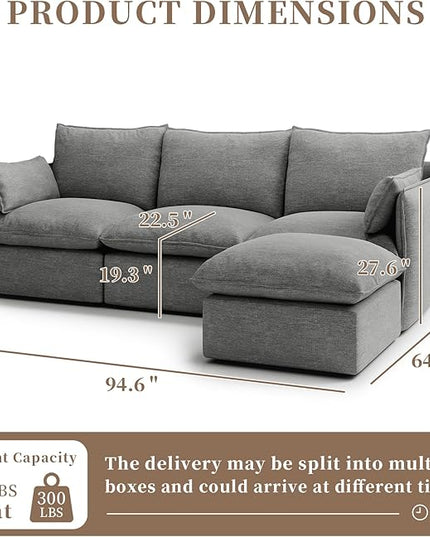 Waterproof Cloud Sectional Couches,High Backrest Down Filled Sofa for Living Room,94.5" Modular Sofas L-Shaped with Ottoman,Detachable Couch Covers,Dark Grey