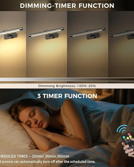 Joosenhouse Battery Operated Wireless Picture Light with Adjustable Swing Arm, Dimmable with Remote Control and Timer, 16.53 Inch Brushed Grey Rechargeable Display Light for Art and Gallery Displays