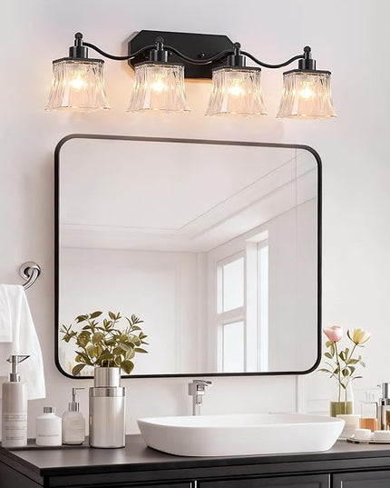 Bathroom Vanity Light Fixtures, 4-Light Vintage Matte Black Vanity Lights with Crystal Glass Shades, Farmhouse Bathroom Lighting Fixtures Over Mirror for Bathroom Bedroom Hallway