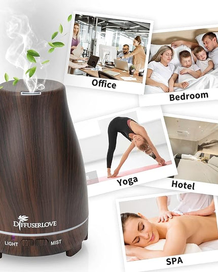 Diffuserlove Essential Oil Diffusers 200ML, Remote Control Aromatherapy Diffuser with 7 Color Lights, Auto Shut-Off for Bedroom Office Kitchen (Black Wood Grain)