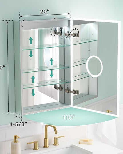 WELLFOR 20" X 30" LED Medicine Cabinet with Mirror, 3X Magnifiying Mirror Cabinet, Defogging/Dimmable Bathroom Mirrored Cabinet, Lighted Medicine Cabinet with Outlets & USB Ports, Right Opening Doors