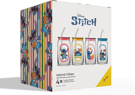 JoyJolt Disney Stitch Island Vibes Glass Tumblers with Lids and Straws, 16oz Glass Cups with Lids and Straws, Can Shaped Drinking Glasses Set of 4, Stitch Stuff, Disney Gifts for Adults