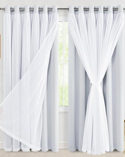 Hiasan Blackout Curtains with Sheer Overlay, Thermal Insulated Privacy Mix & Match Double Layer Window Curtains for Girls Bedroom, Living Room, 2 Drape Panels with Tiebacks, Greyish White, 70W X 84L