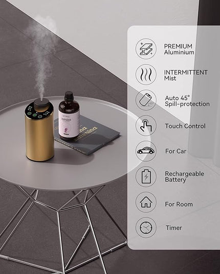 Waterless Essential Oil Diffuser Scent Aromatherapy Diffusers for Home Large Room, Car, Office, Portable Battery Operated Cordless Air Freshener, 4 Timers & 3 Mist Levels, 100ml Capacity (Golden)
