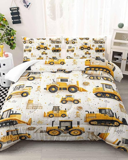 AILONEN Cartoon Construction Trucks Comforter Set Queen Size,Truck Cranes Tractors Bedding Sets,Boys Yellow Machinery Truck Duvet Set,3-Piece, 1 Quilt and 2 Pillowcases,Soft Microfiber
