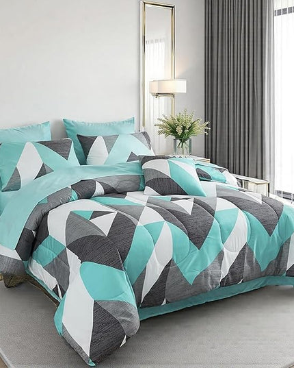 Bedbay Teal and Grey Comforter Set 8 Pieces King Size Bed in a Bag Geometric Chevron Teal Comforter Set with Sheets Soft Lightweight Bed Set Western Bedding