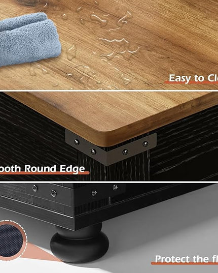 Farmhouse Coffee Table with Storage, Lift Coffee Tables for Living Room, Square Coffee Table with Wood Gourd Feet and Hydraulic Gas Rod (Black)