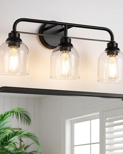 3 Light Matte Black Vanity Lights for Bathroom, Bathroom Light Fixtures Over Mirror with Clear Glass Shade, Ceramic E26 Sockets Wall Mounted