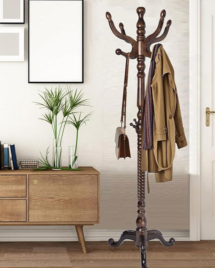 Coat Racks Free Standing with 14 Hooks, Natural Wood Coat Stands for Entryway, Adjustable Height 73 in Tree Coat Rack Stand for Hallway Home Office Bedroom (Dark Brown Triangle)