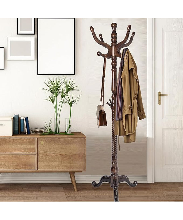Coat Racks Free Standing with 14 Hooks, Natural Wood Coat Stands for Entryway, Adjustable Height 73 in Tree Coat Rack Stand for Hallway Home Office Bedroom (Dark Brown Triangle)