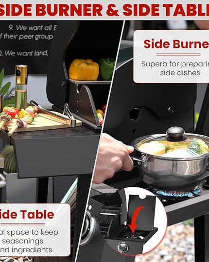 Q043-4-Burner w/Side Burner Gas Grill with 292 SQ.IN. Outdoor Grill with 44,000 BTU,Propane Grills with Top Cover Lid,Grills Outdoor Cooking for Patios,Camping,Balcony,Garden