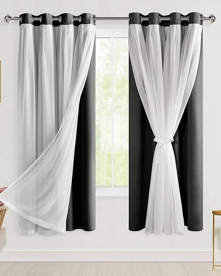 Hiasan Black Blackout Curtains with Sheer Overlay, Grommet Thermal Insulated Privacy Mix and Match Double Layer Window Curtains for Girls Bedroom, Living Room, 2 Drape Panels with Tiebacks, 52W X 63L