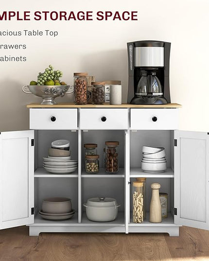 HOMCOM Sideboard with Solid Wood Countertop, Modern Kitchen Storage Cabinet, Coffee Bar Cabinet with 3 Drawers, Doors and Adjustable Shelf, Distressed White