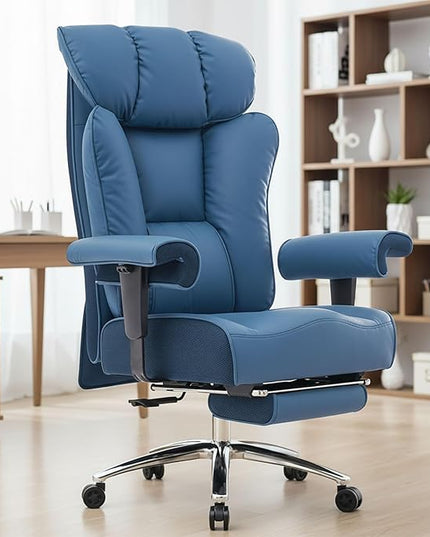 Efomao Ergonomic Office Chair 450LBS with Foot Rest, High Back PU Leather Big and Tall Executive Chair with Adjustable Padded Armrests, Lumbar Support for Home or Work, Heavy Duty Computer Chair, Blue