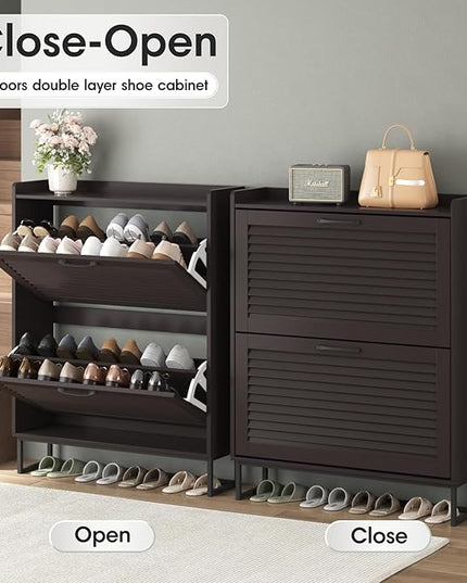 Maupvit Shoe Storage Cabinet with 2 Flip Louvered Doors, Freestanding Organizer with Metal Legs, Shoe Cabinet for Entryway, Narrow Shoe Rack Cabinet, Espresso Color