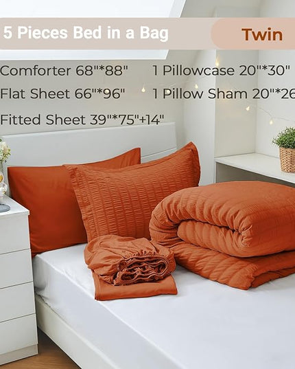 MUXHOMO 5 Pieces Twin Comforter Set, Seersucker Bed in a Bag Twin Size, All Season Luxury Bedding Set with Comforter, Flat Sheet, Fitted Sheet, Pillowcase & Sham, Burnt Orange