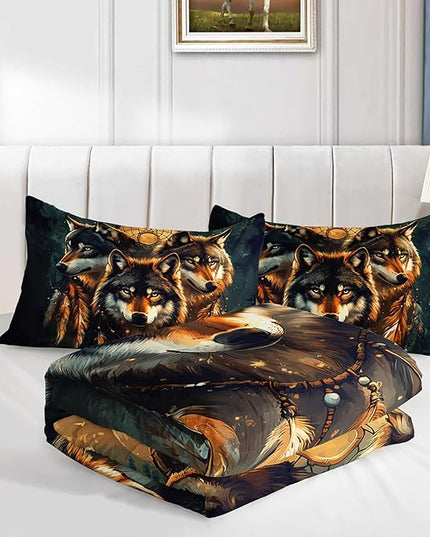 AILONEN Wild Wolf Print Twin Size Comforter Set,Boho Dream Catcher Bedding Sets,Cool Wildlife Animal Duvet Set,3-Piece, 1 Quilt and 2 Pillowcases,Soft Microfiber