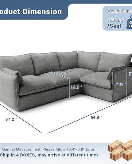 Cloud Modular Sectional Sofa, Waterproof Down Filled Sectional Sofas, High Backrest 4 Seater Sectional Couches for Living Room, Modern Modular Couch with Removable Cover, Dark Gray